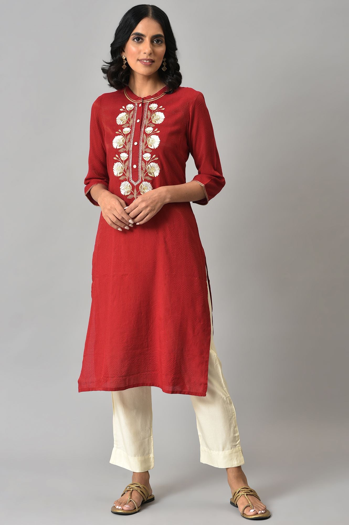 LIVA Red Embroidered kurta with Beige Trouser Pants