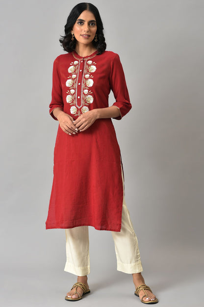 LIVA Red Embroidered kurta with Beige Trouser Pants