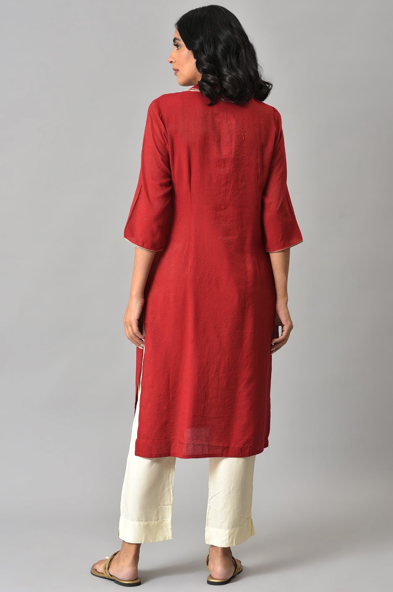 LIVA Red Embroidered kurta with Beige Trouser Pants