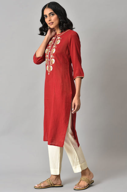 LIVA Red Embroidered kurta with Beige Trouser Pants