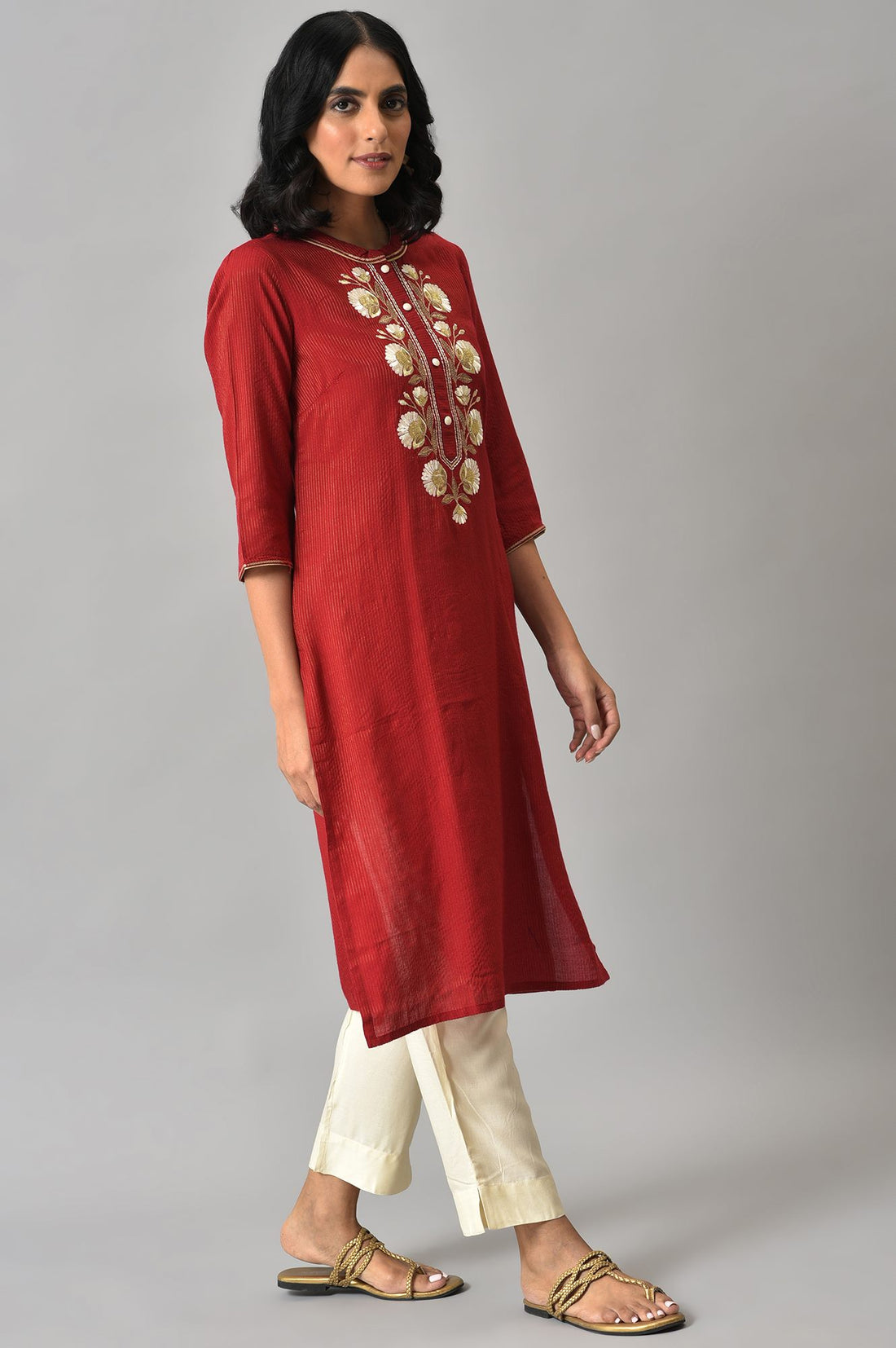 LIVA Red Embroidered kurta with Beige Trouser Pants