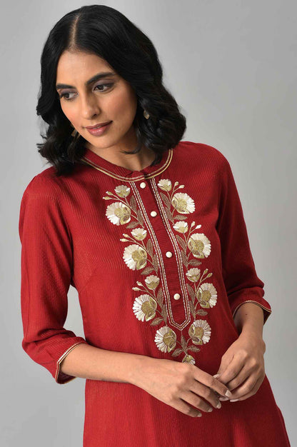 LIVA Red Embroidered kurta with Beige Trouser Pants