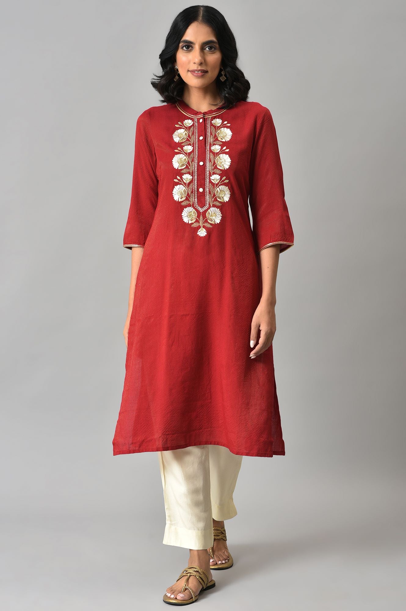 LIVA Red Embroidered kurta with Beige Trouser Pants