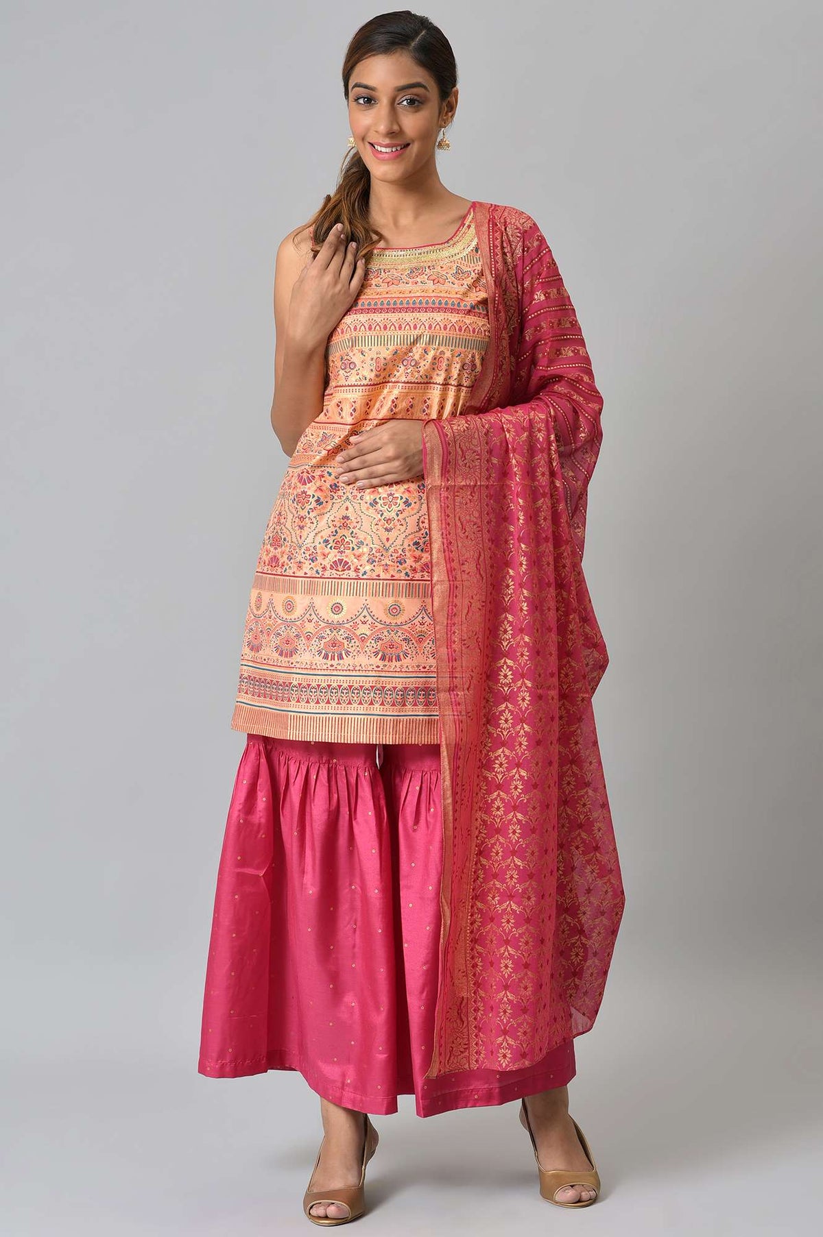 Peach Foil Printed Sleeveless kurta with Pink Sharara and Dupatta - XS