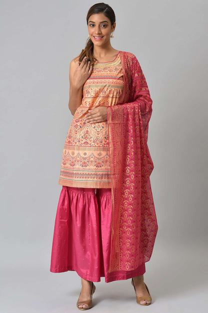 Peach Foil Printed Sleeveless kurta with Pink Sharara and Dupatta