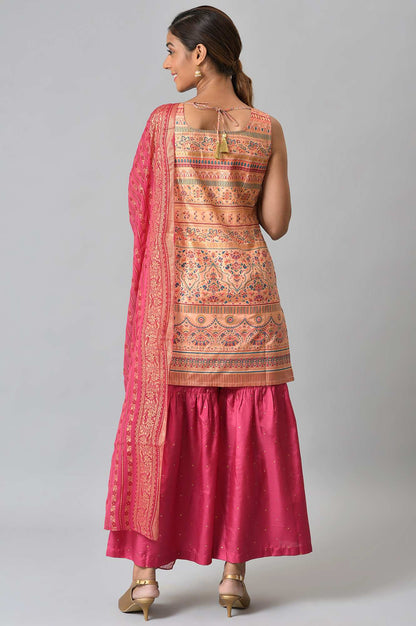 Peach Foil Printed Sleeveless kurta with Pink Sharara and Dupatta