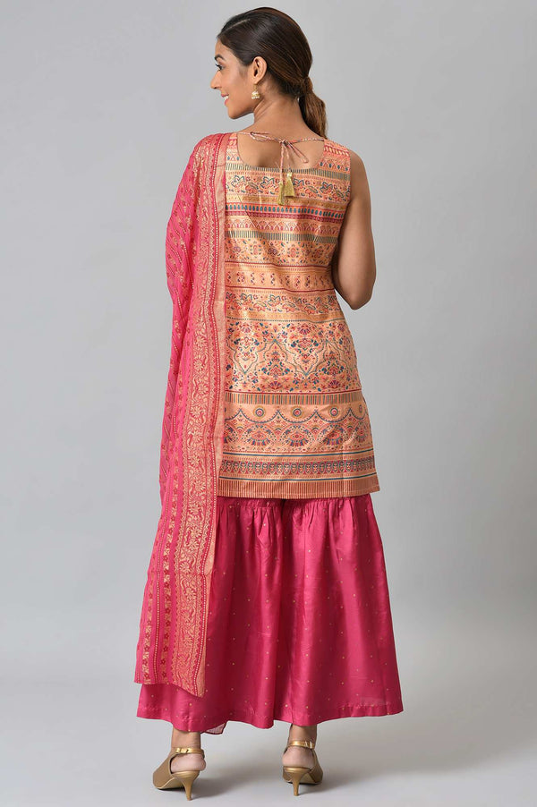 Peach Foil Printed Sleeveless kurta with Pink Sharara and Dupatta