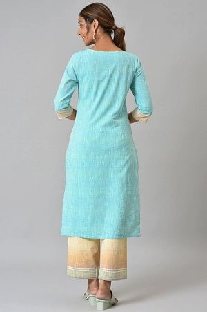 Blue Yarn-dyed Roud Neck kurta with Yellow Pants