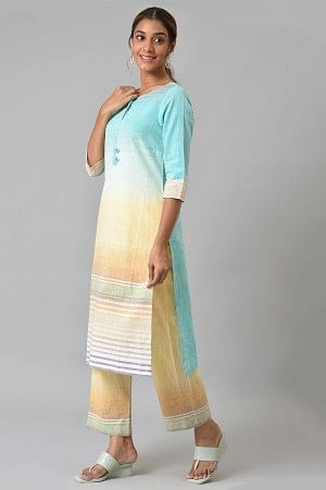 Blue Yarn-dyed Roud Neck kurta with Yellow Pants