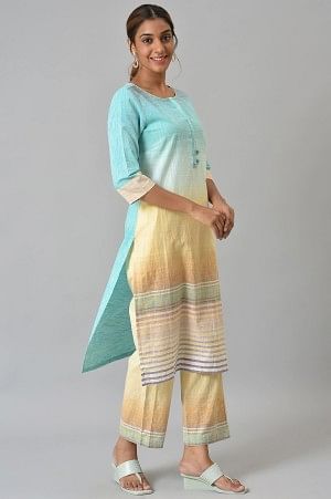 Blue Yarn-dyed Roud Neck kurta with Yellow Pants