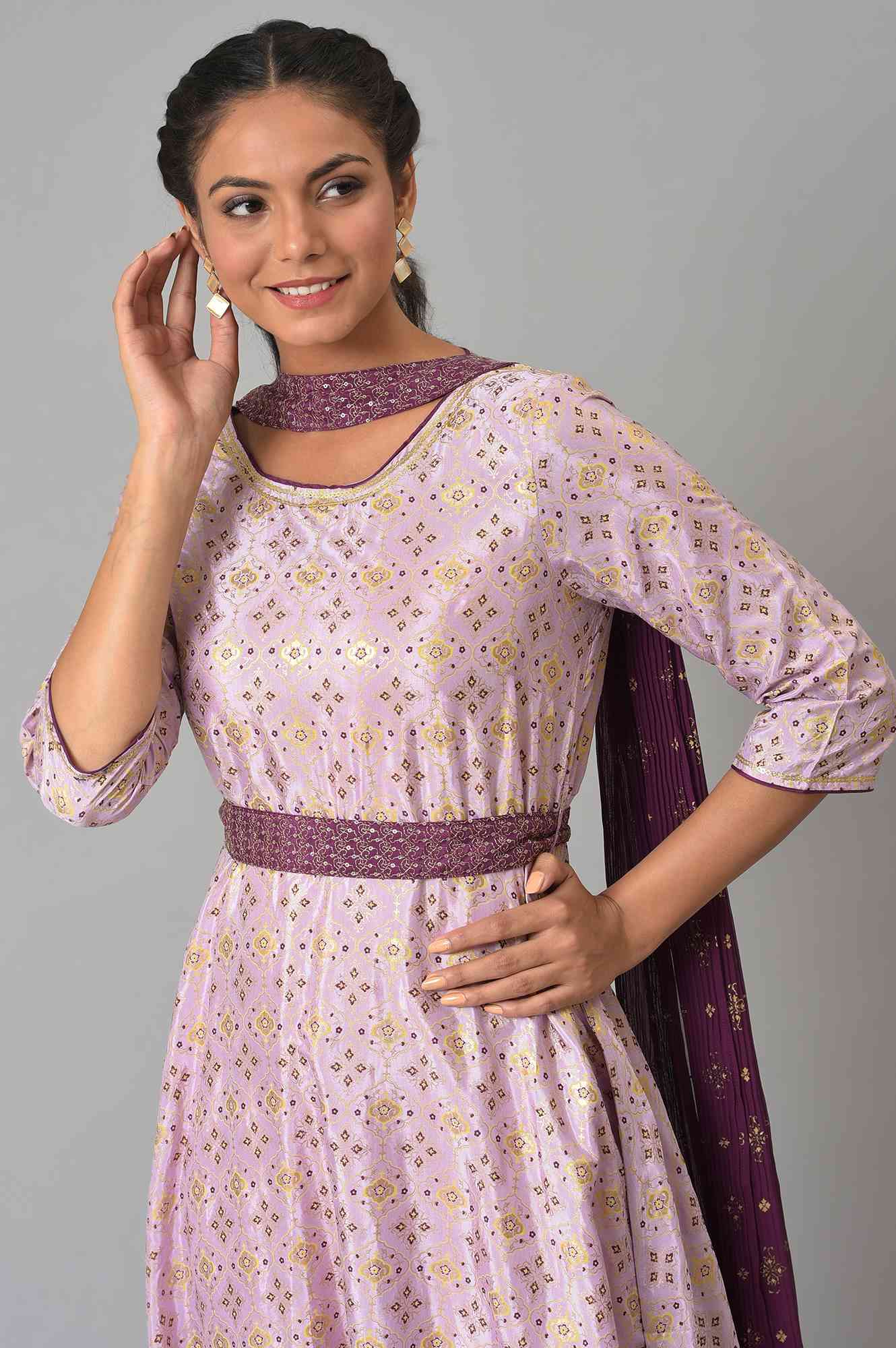 Liva Purple Sequined Floral Print Dress With Zari Embroidered Dupatta