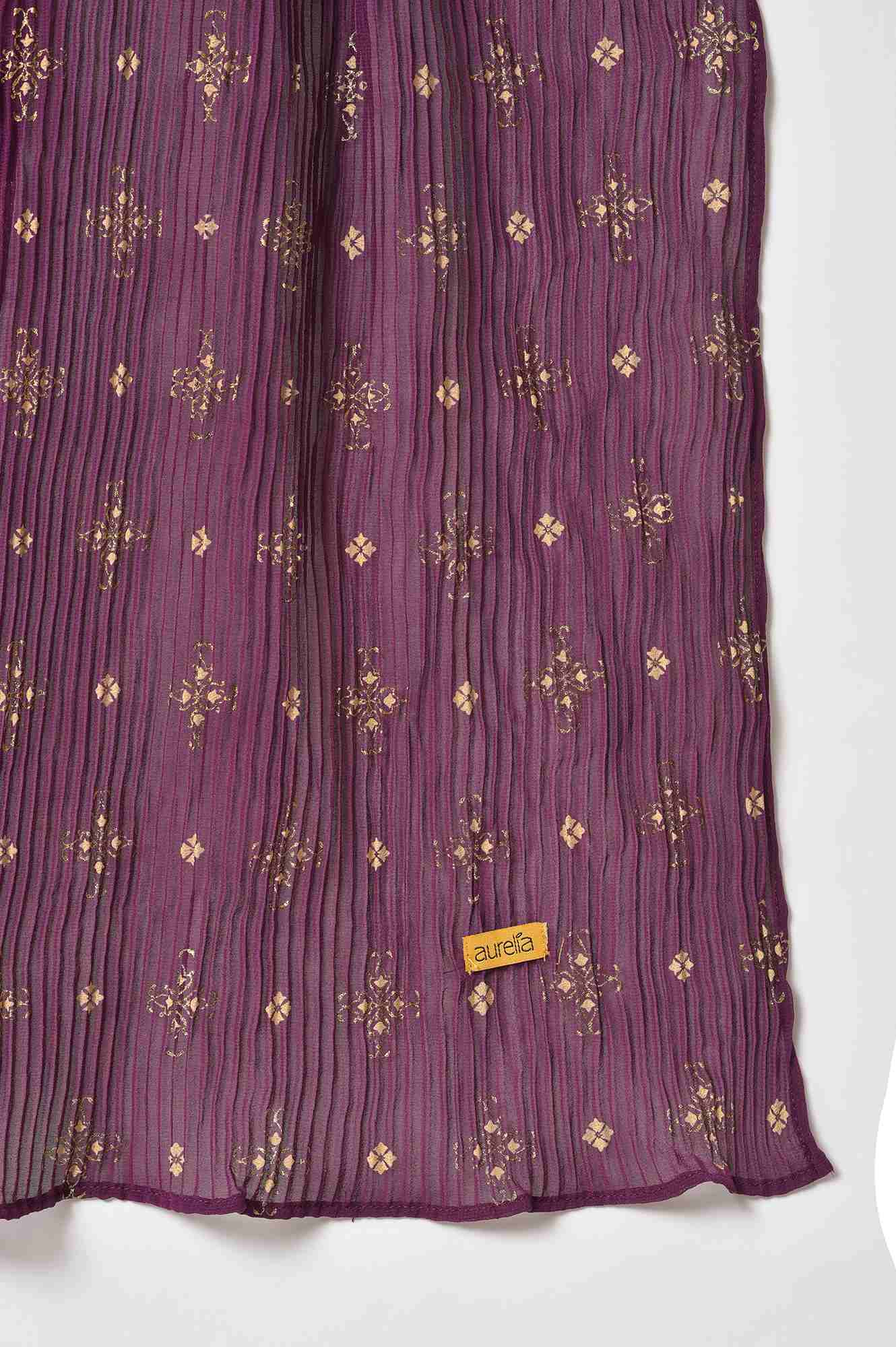 Liva Purple Sequined Floral Print Dress With Zari Embroidered Dupatta