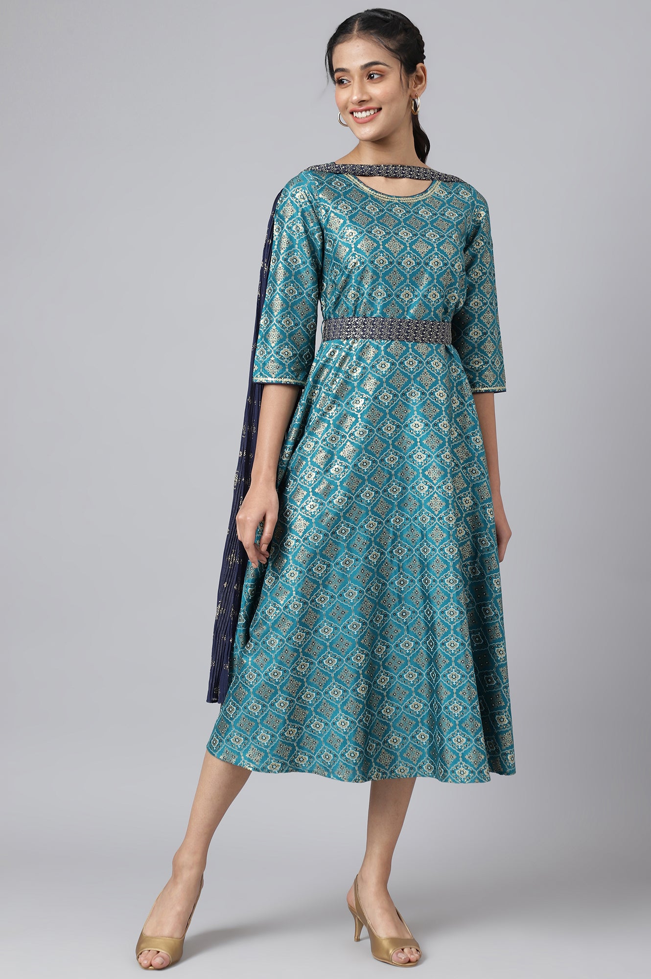 Green Sequined Floral Print Dress with Zari Embroidered Dupatta