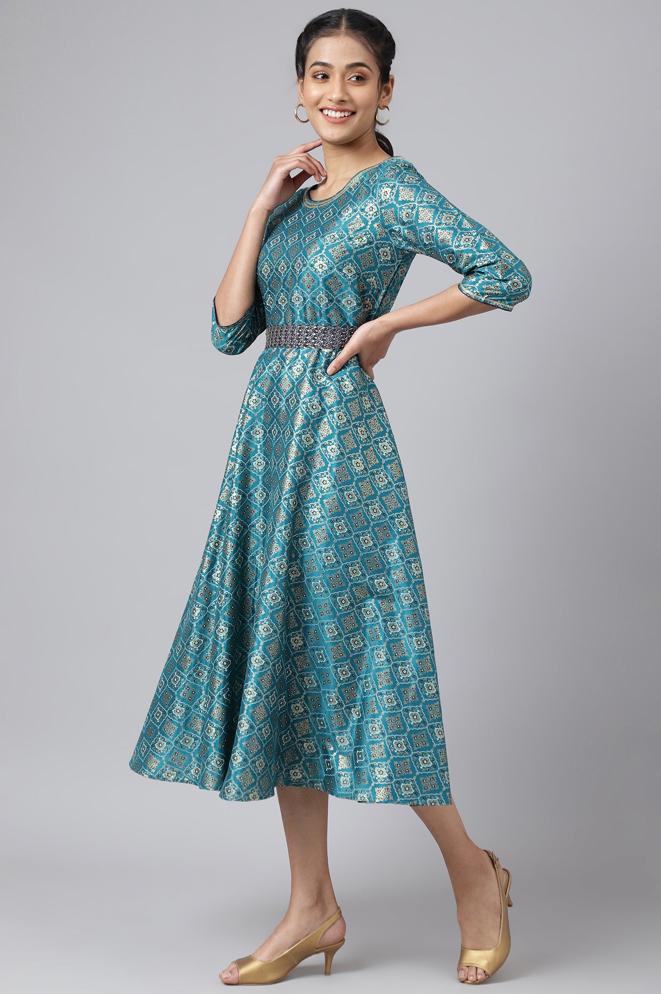 Green Sequined Floral Print Dress with Zari Embroidered Dupatta