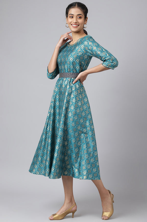 Green Sequined Floral Print Dress with Zari Embroidered Dupatta