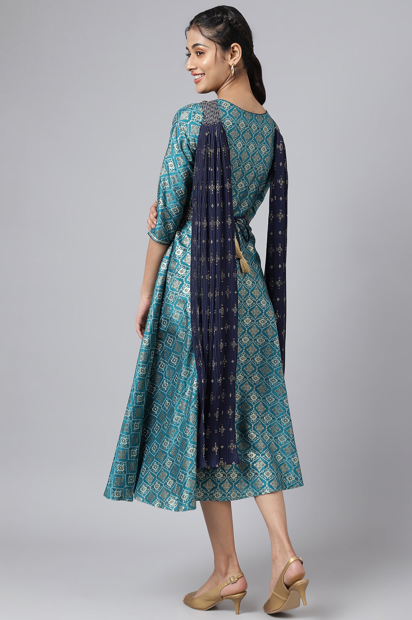 Green Sequined Floral Print Dress with Zari Embroidered Dupatta