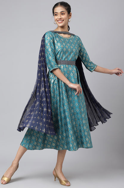 Green Sequined Floral Print Dress with Zari Embroidered Dupatta