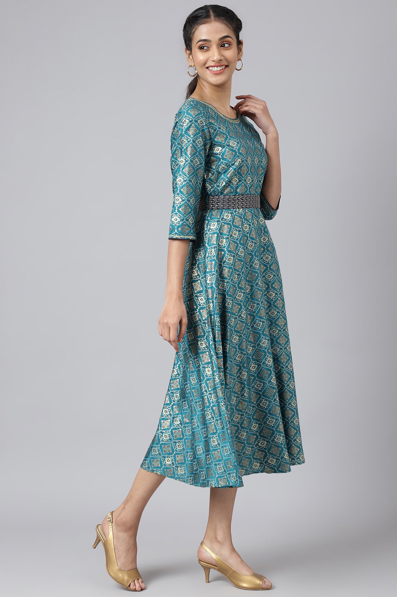 Green Sequined Floral Print Dress with Zari Embroidered Dupatta