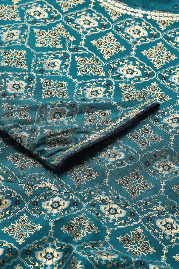 Green Sequined Floral Print Dress with Zari Embroidered Dupatta