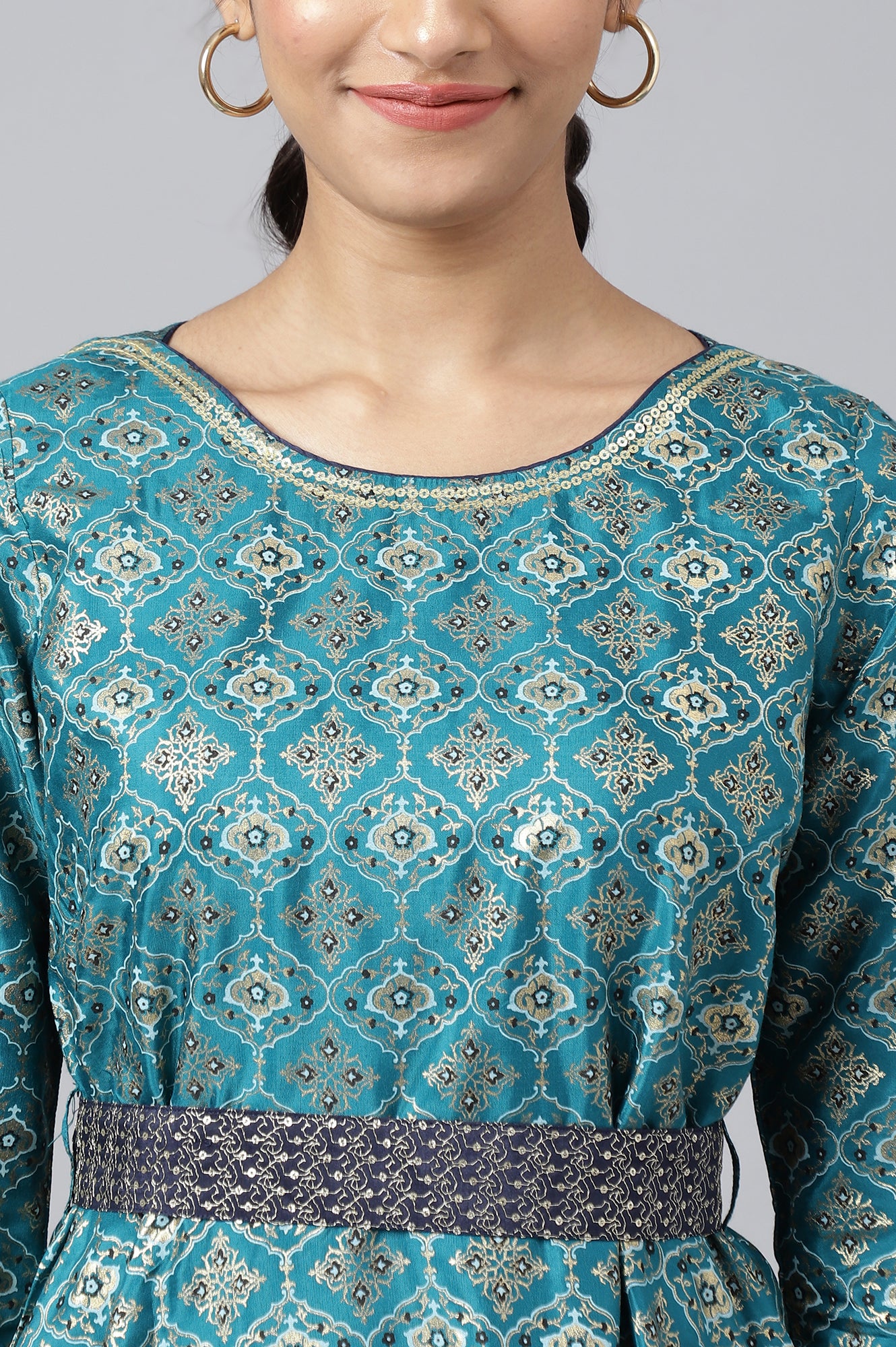 Buy Green Sequined Floral Print Dress with Zari Embroidered