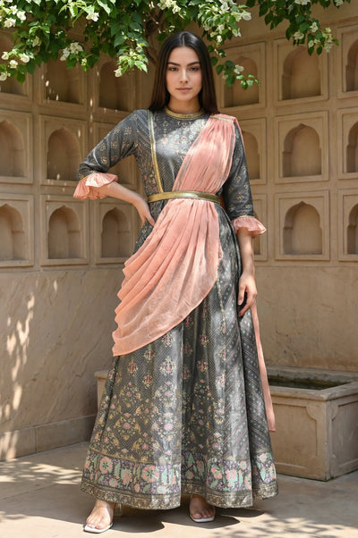Grey Floral Printed Dress with Peach Drape