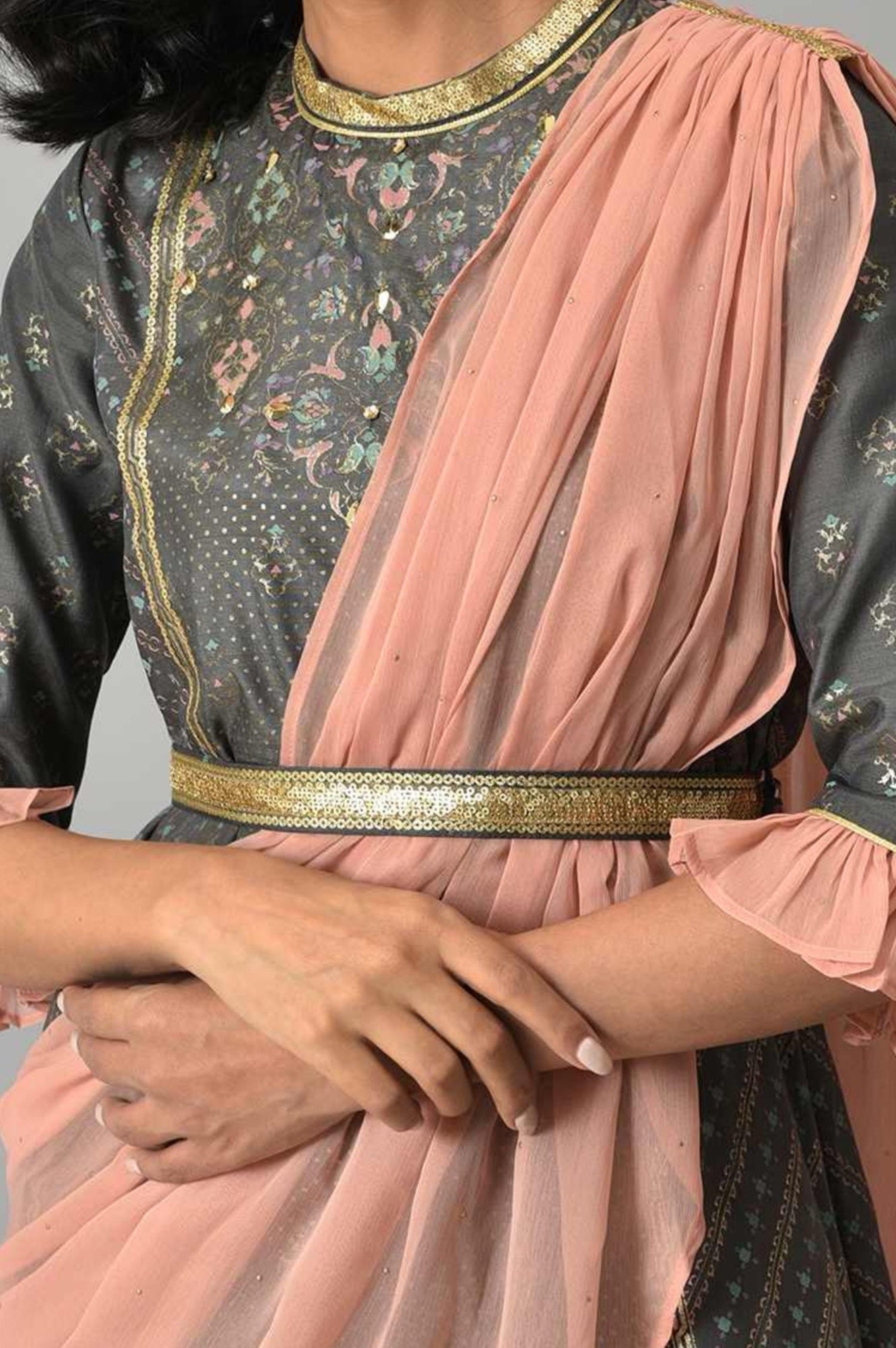 Buy Grey Floral Printed Dress with Peach Drape Online for Woman