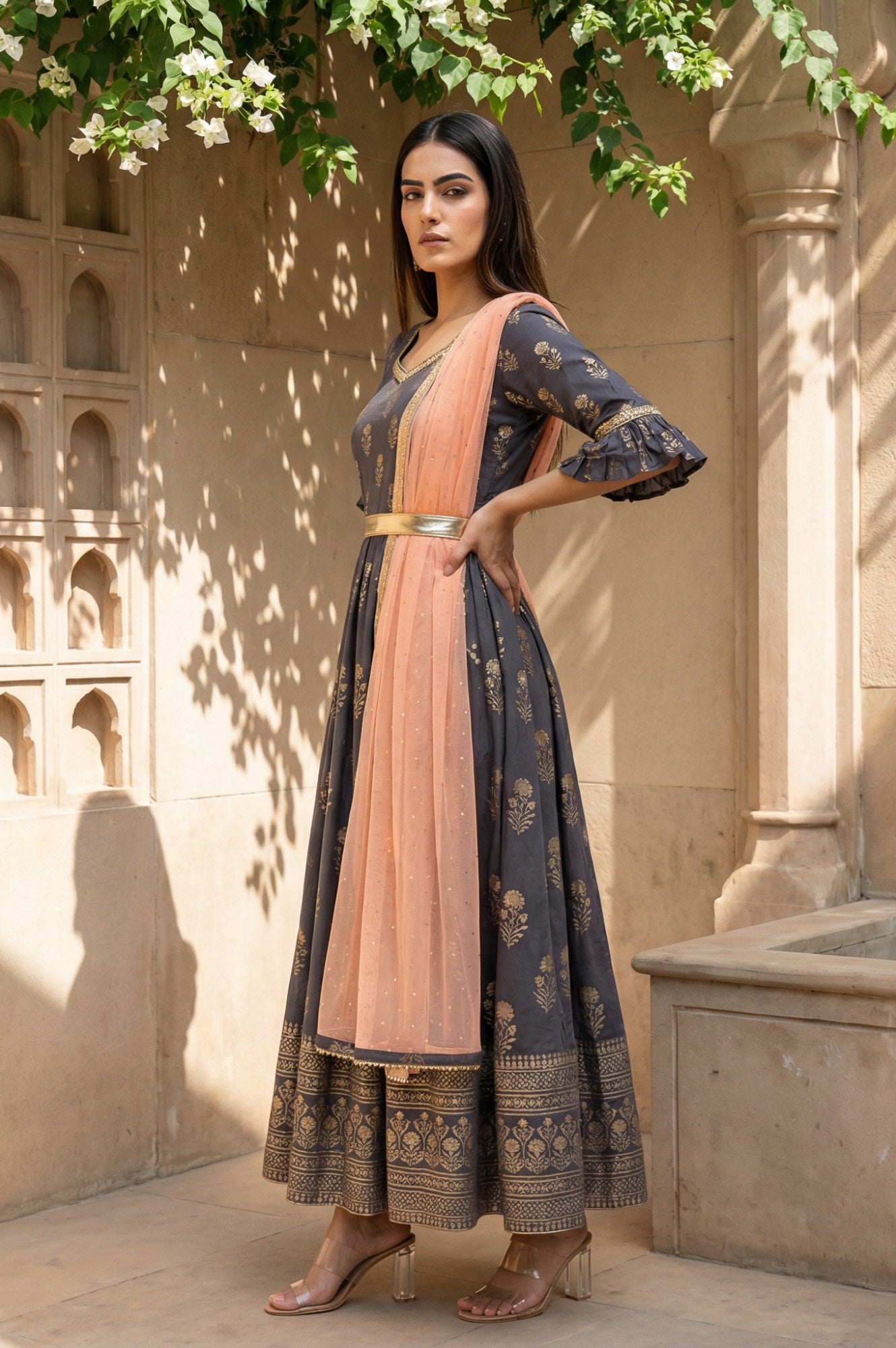 Buy Grey Floral Printed Dress with Peach Drape Online for Woman
