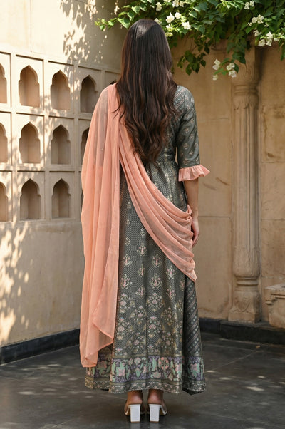 Grey Floral Printed Dress with Peach Drape