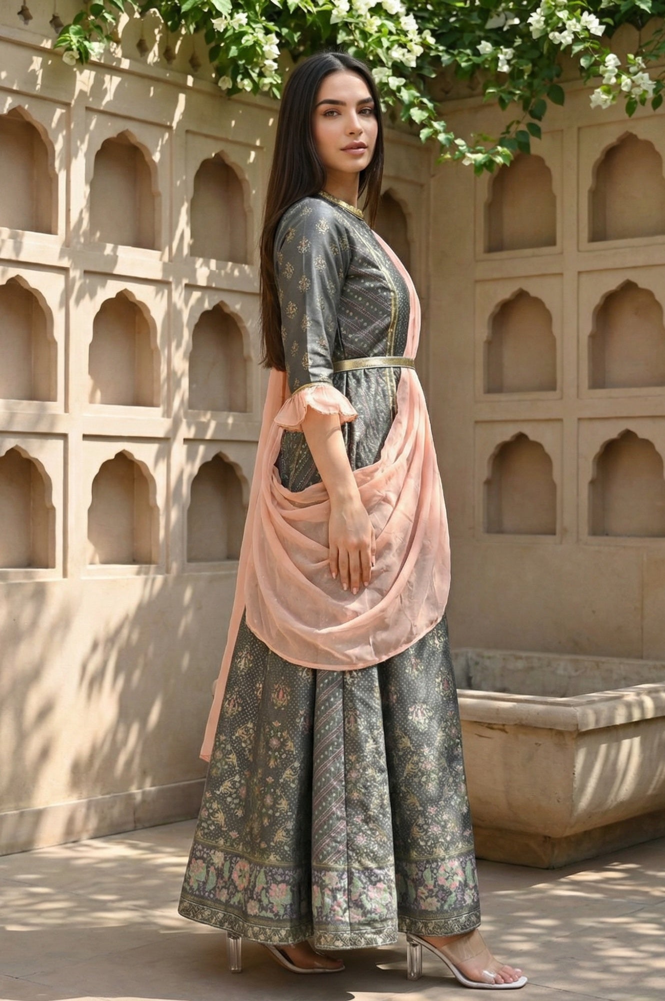 Buy Grey Floral Printed Dress with Peach Drape Online for Woman | Shop for Aurelia Buy Grey Floral Printed Dress with Peach Drape Online for Woman | Shop for Aurelia
