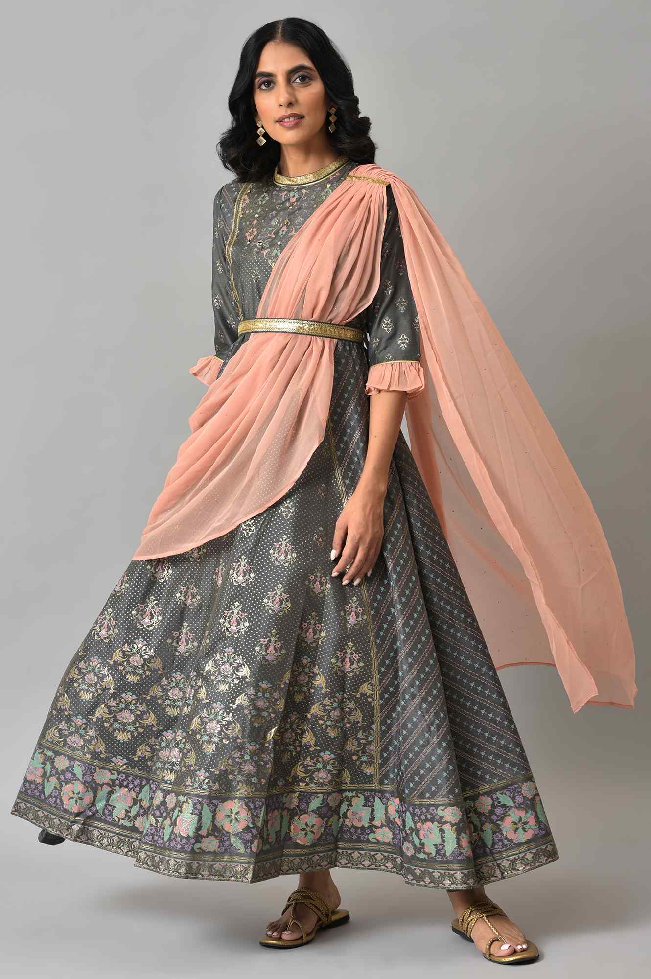 Buy Grey Floral Printed Dress with Peach Drape Online for Woman