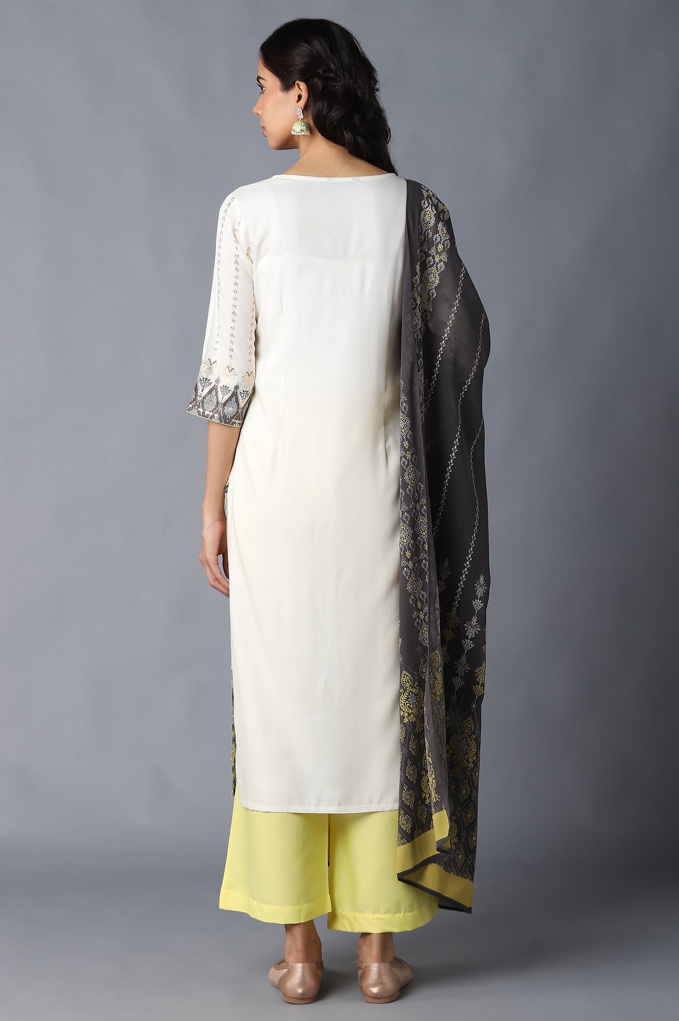 White Printed kurta, Yellow Palazzo and Dupatta Set