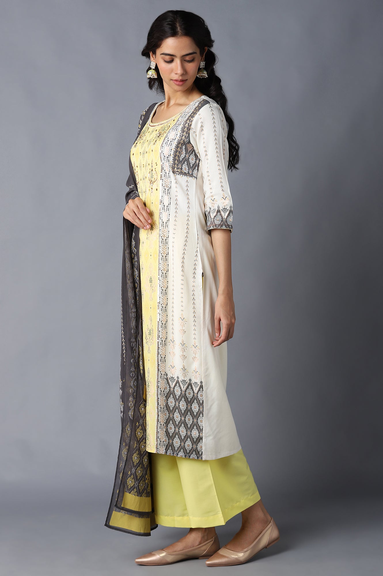 White Printed kurta, Yellow Palazzo and Dupatta Set