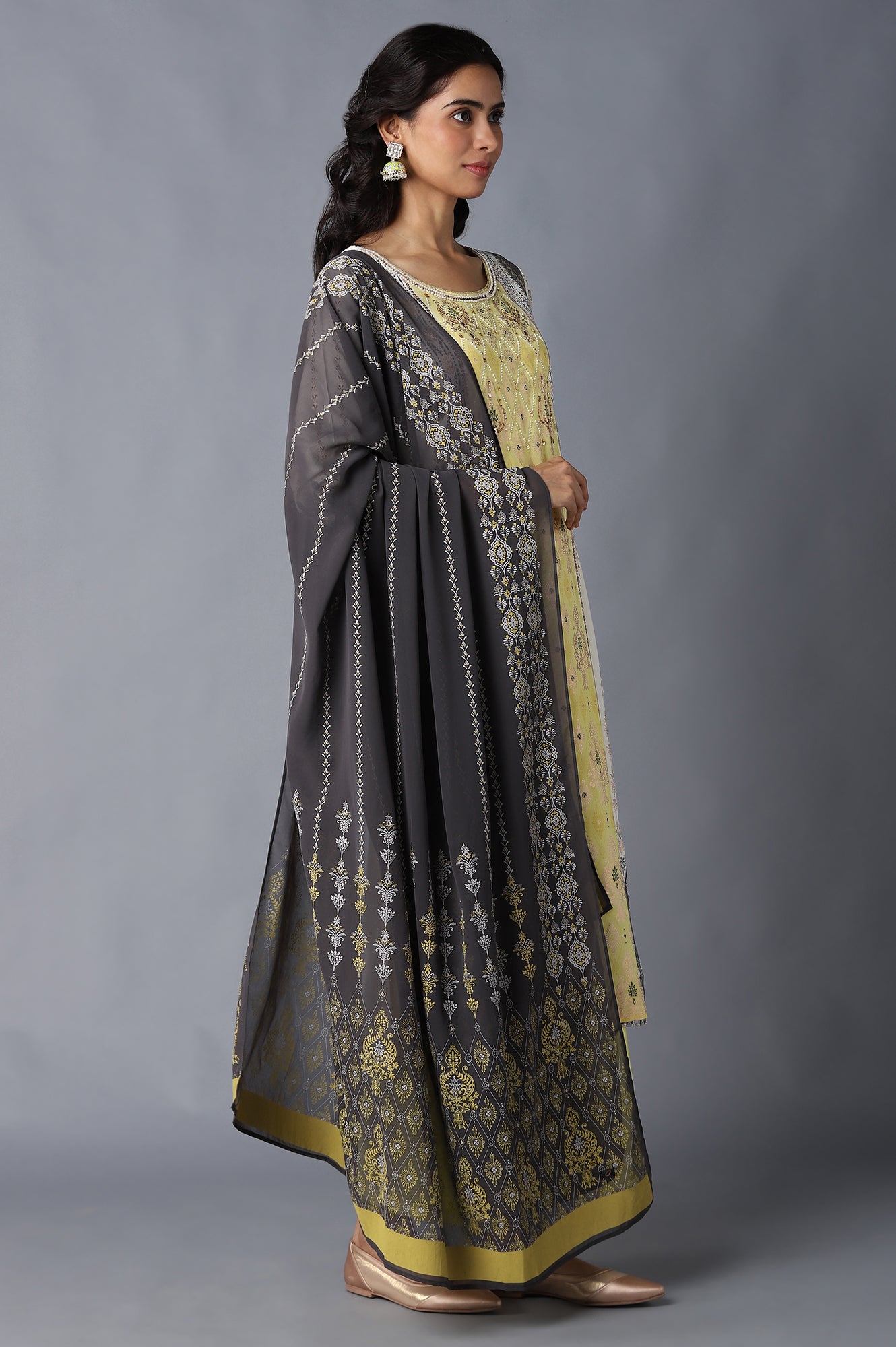 White Printed kurta, Yellow Palazzo and Dupatta Set