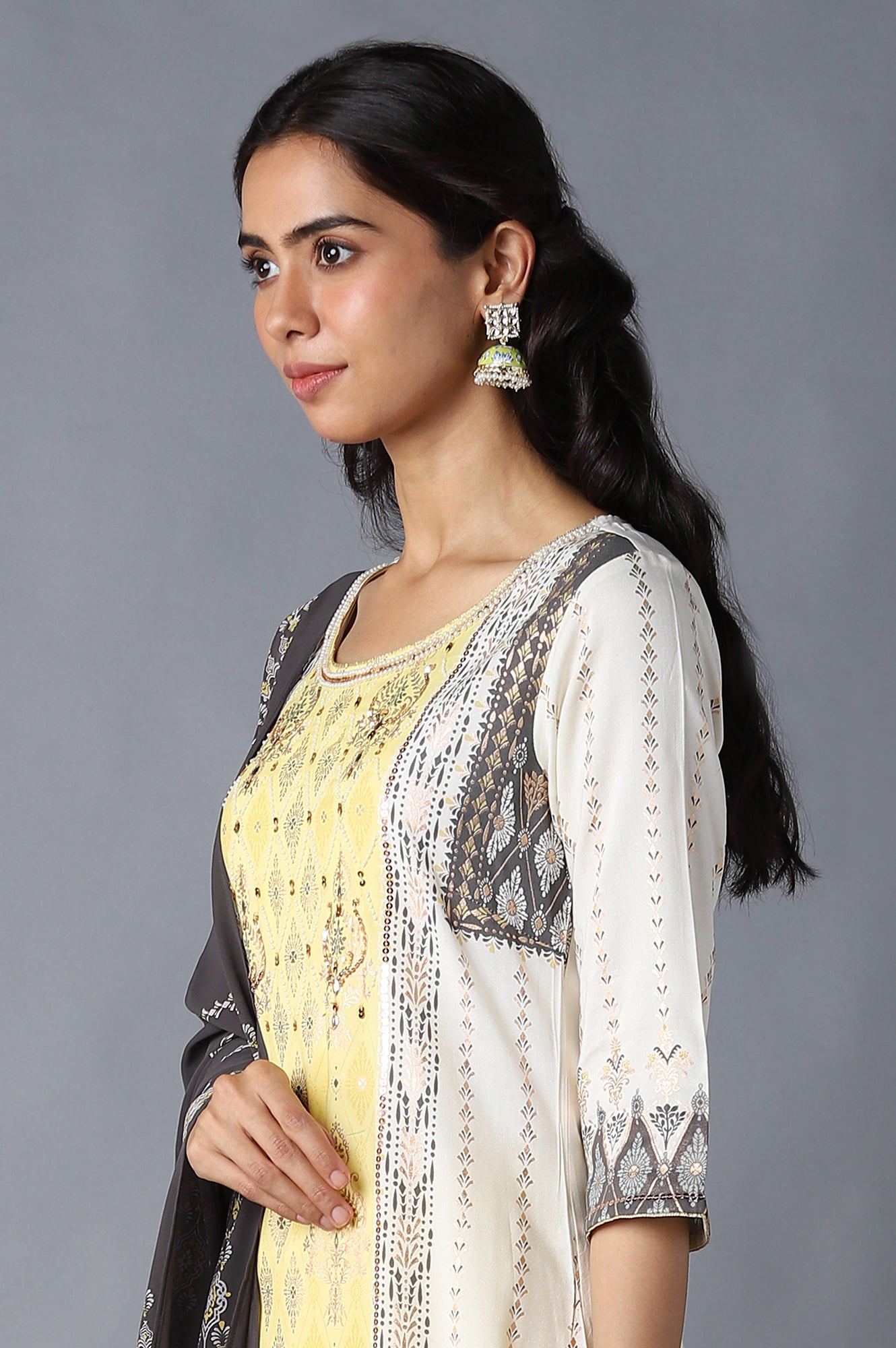 White Printed kurta, Yellow Palazzo and Dupatta Set