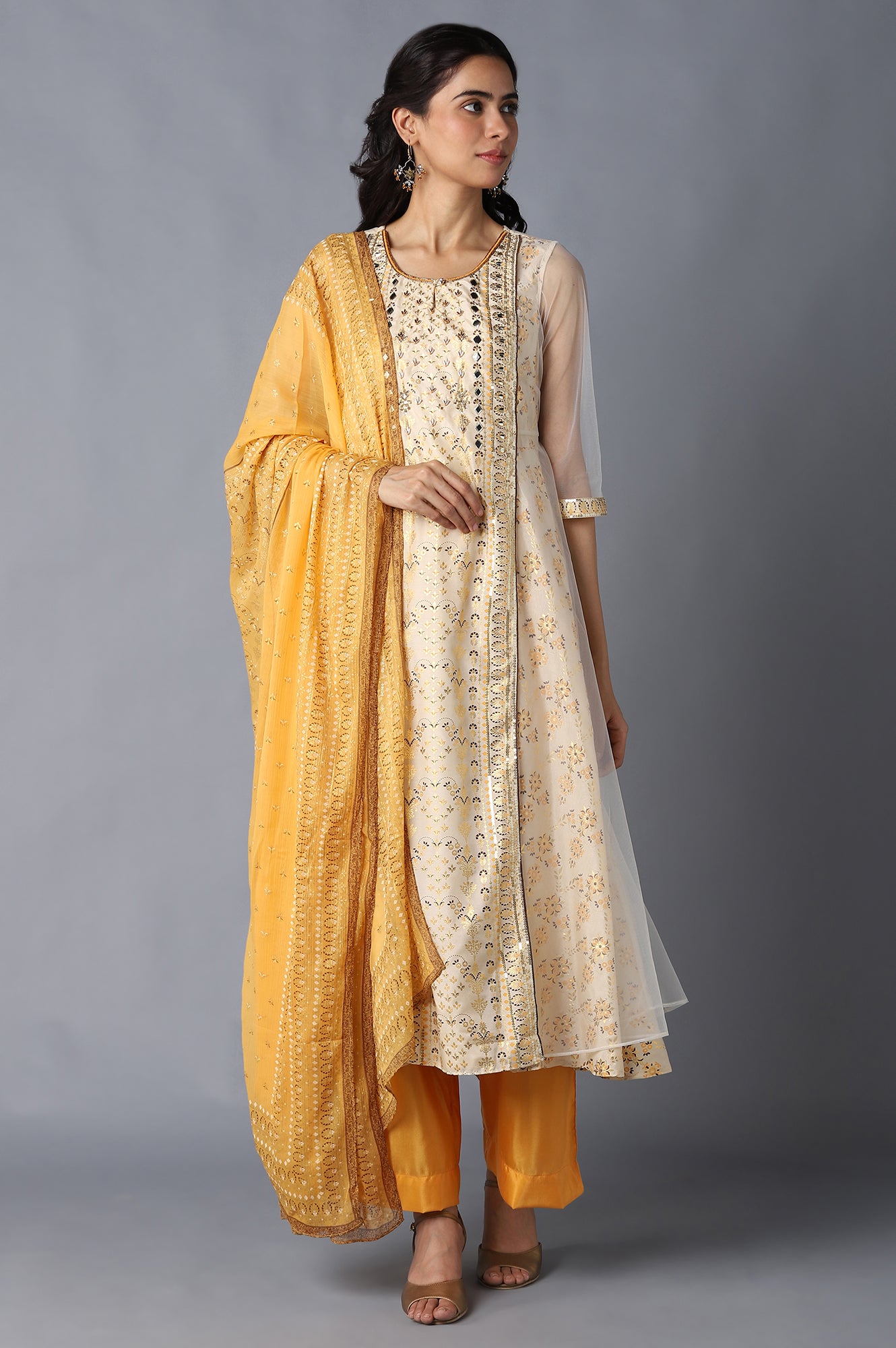 Natural Printed kurta, Orange Palazzo and Dupatta Set