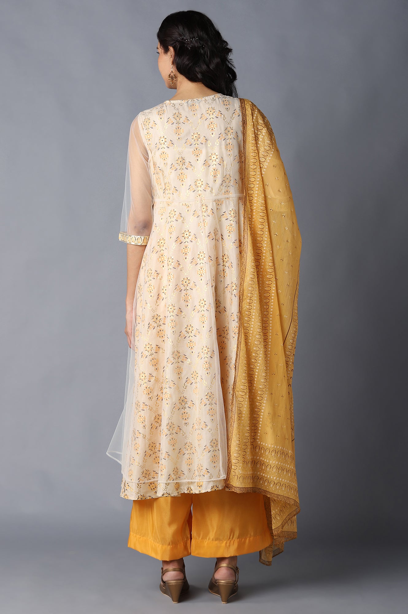 Natural Printed kurta, Orange Palazzo and Dupatta Set