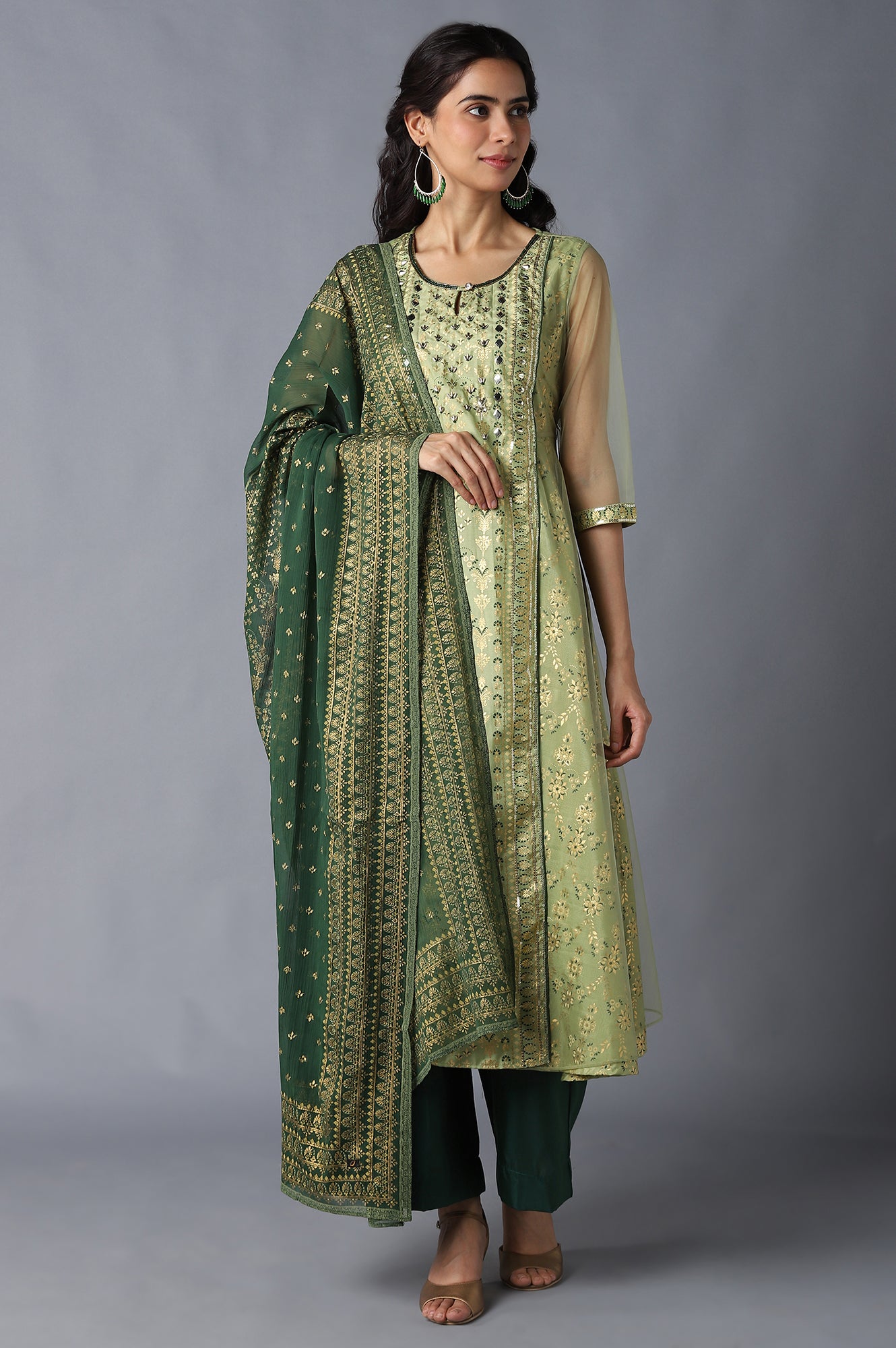 Green Printed kurta, Green Palazzo and Dupatta Set