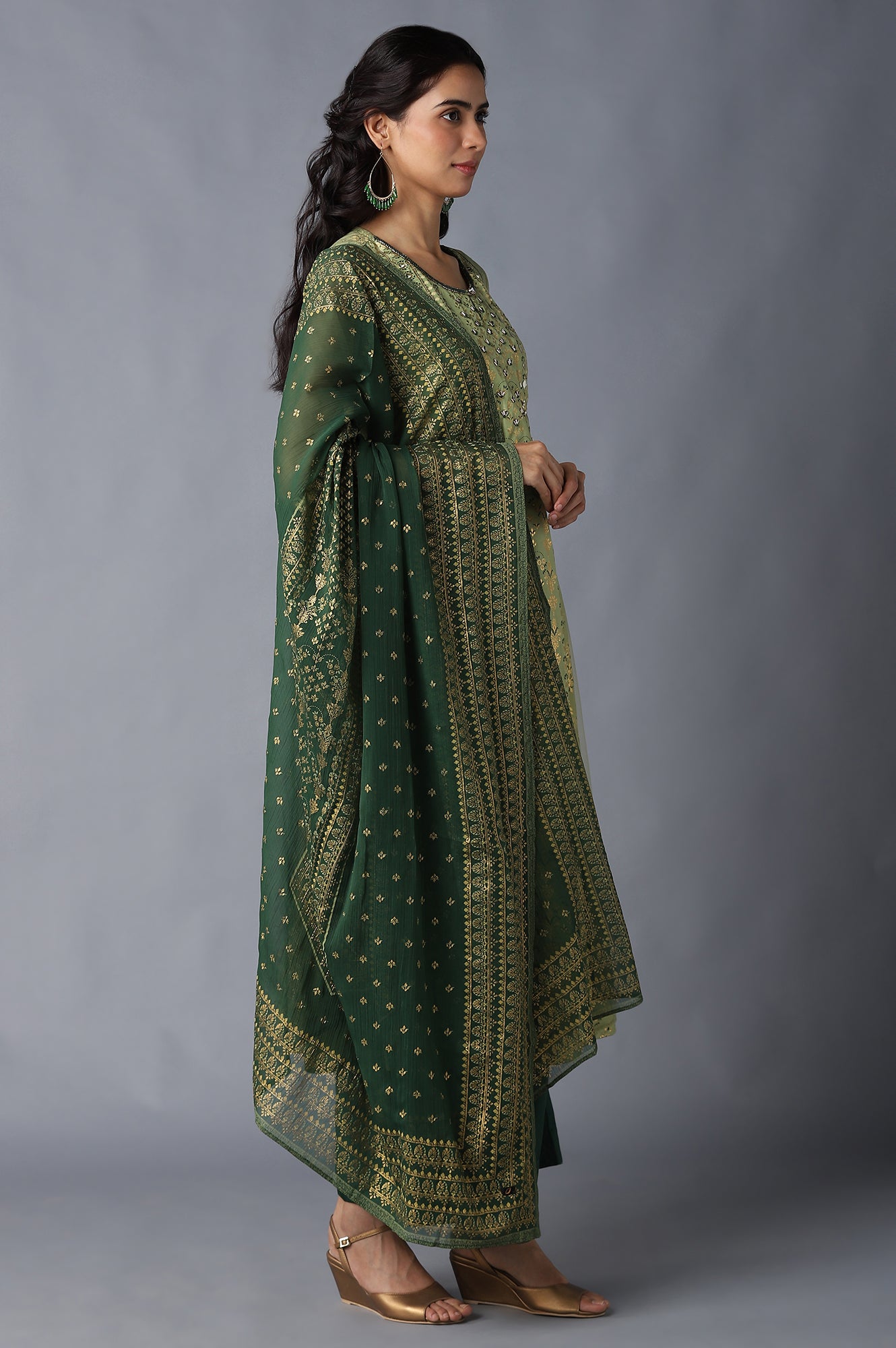 Green Printed kurta, Green Palazzo and Dupatta Set