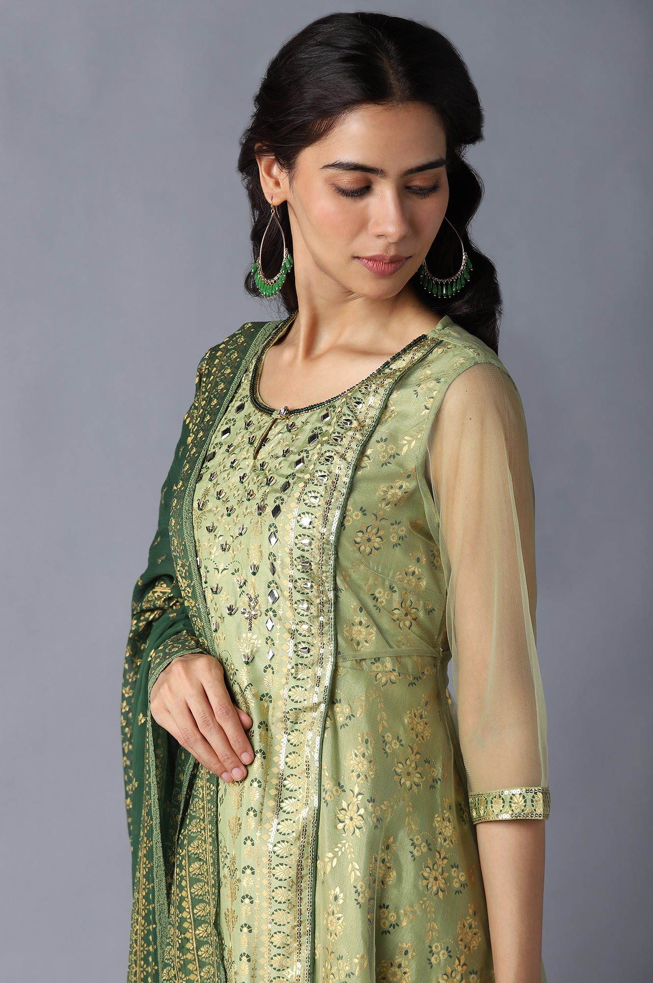 Green Printed kurta, Green Palazzo and Dupatta Set