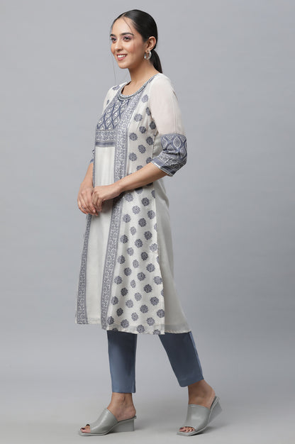 Blue Yarn-Dyed Kurta, Trousers And Dupatta Set