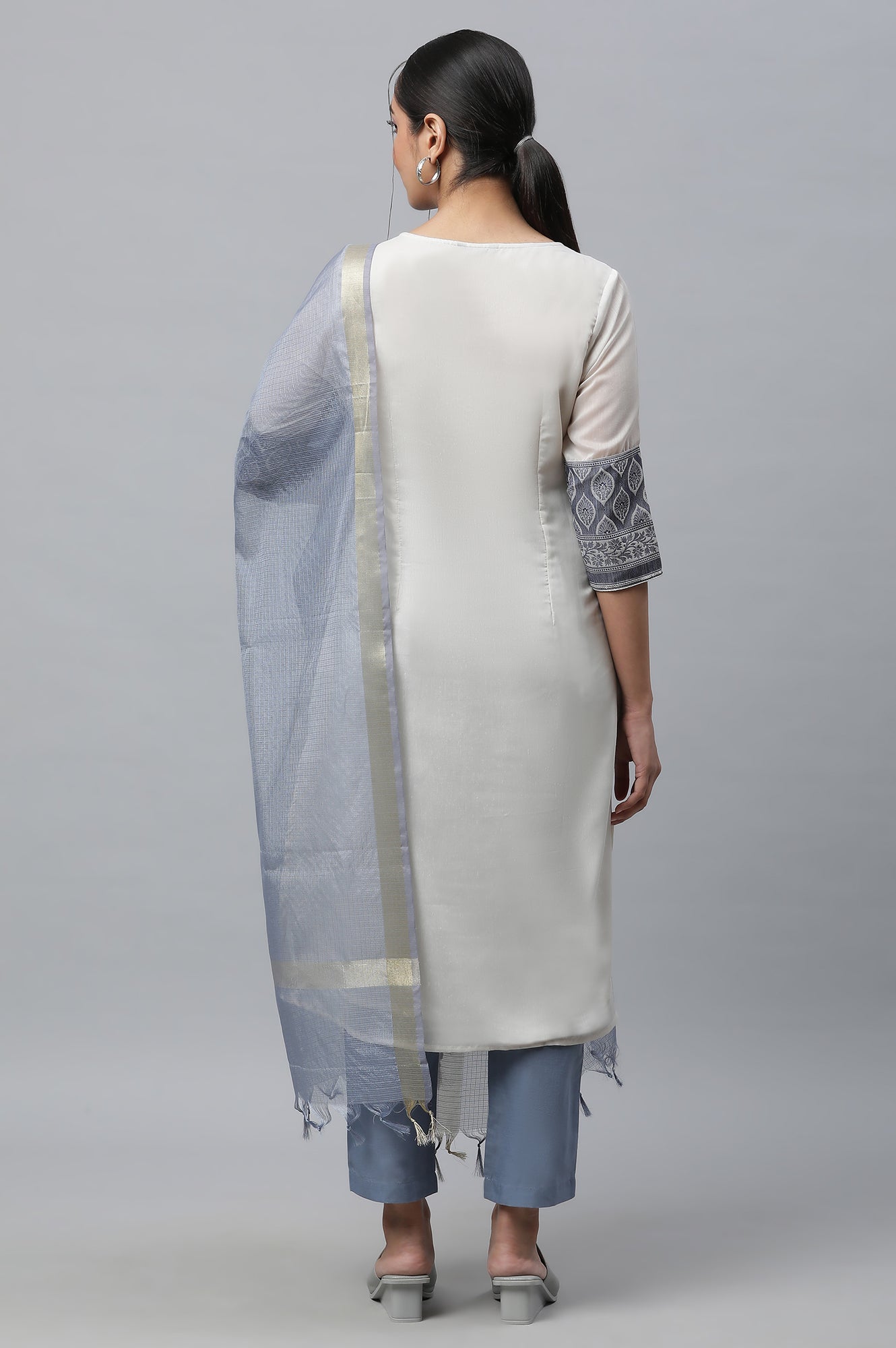 Blue Yarn-Dyed Kurta, Trousers And Dupatta Set