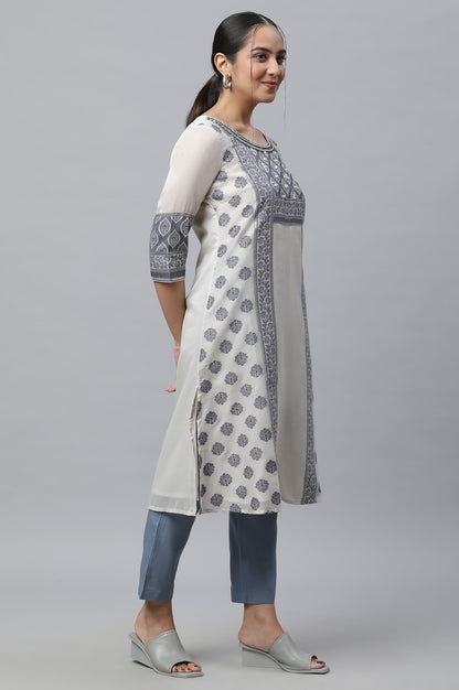 Blue Yarn-Dyed Kurta, Trousers And Dupatta Set