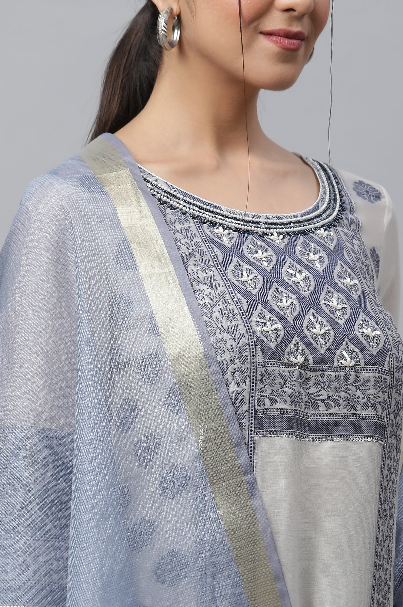 Blue Yarn-Dyed Kurta, Trousers And Dupatta Set