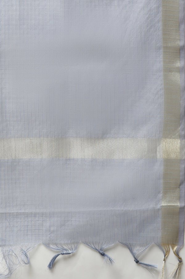 Blue Yarn-Dyed Kurta, Trousers And Dupatta Set