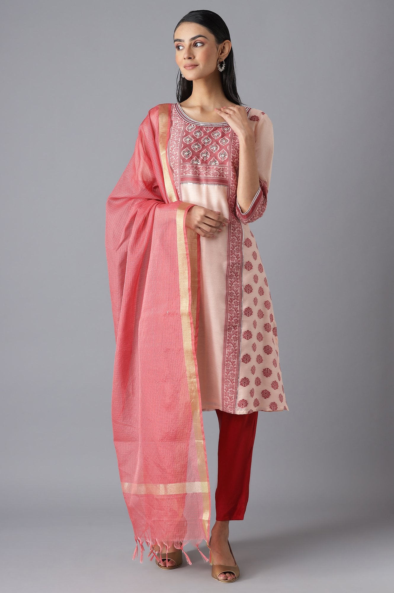 Pink Yarn-Dyed kurta Brown trousers and Dupatta Set