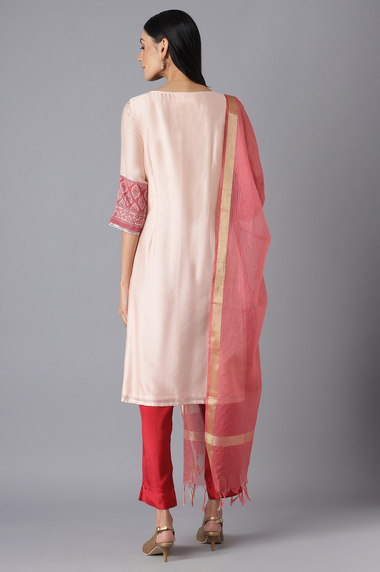 Pink Yarn-Dyed kurta Brown trousers and Dupatta Set