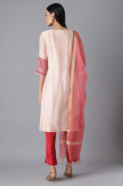 Pink Yarn-Dyed kurta Brown trousers and Dupatta Set