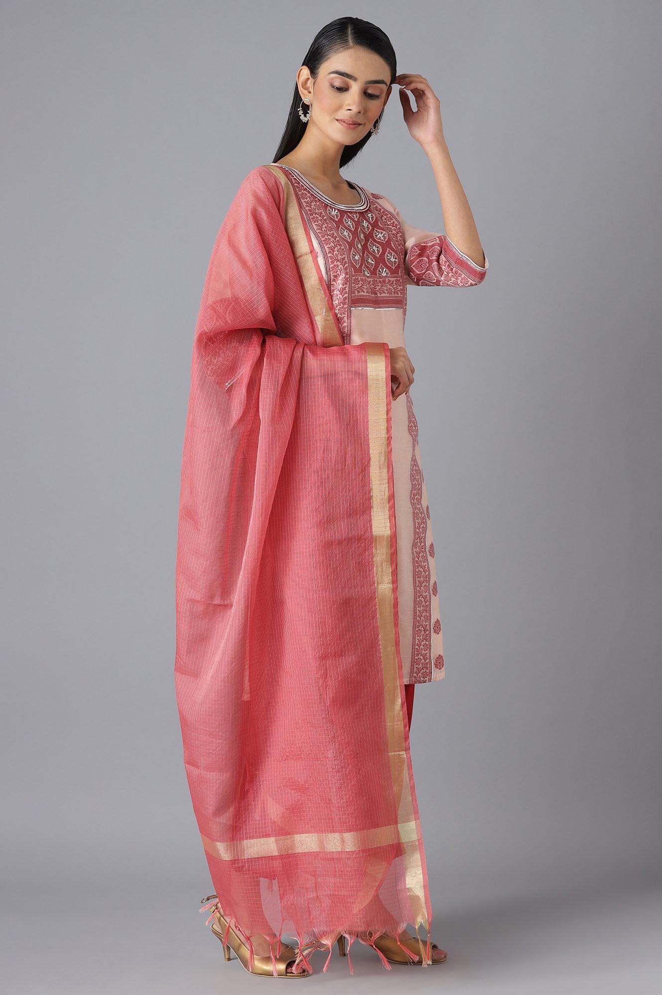 Pink Yarn-Dyed kurta Brown trousers and Dupatta Set