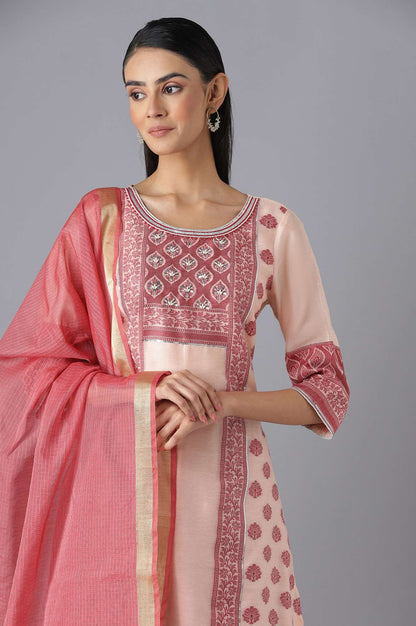 Pink Yarn-Dyed kurta Brown trousers and Dupatta Set