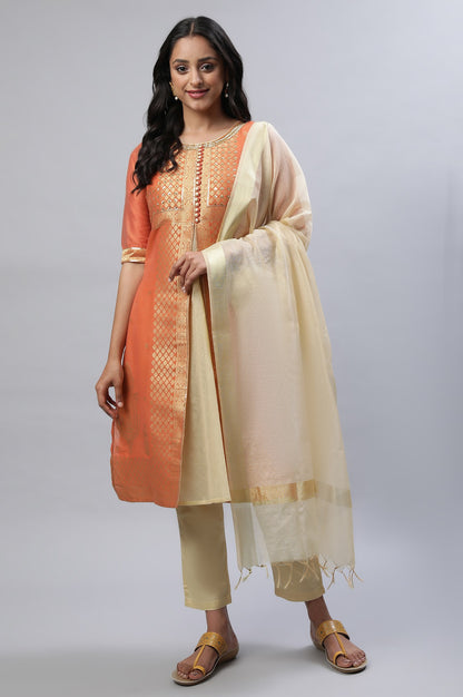 Orange Yarn-Dyed kurta, Gold Trousers And Dupatta Set